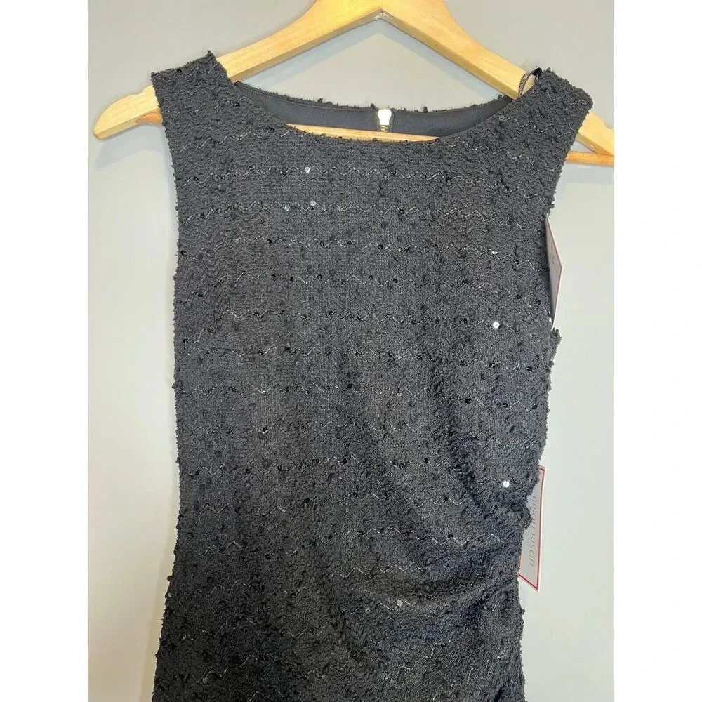 Bisou Bisou midi pencil dress SIZE 4 black sequin tweed ruched sleeveless NWT - Picture 2 of 8